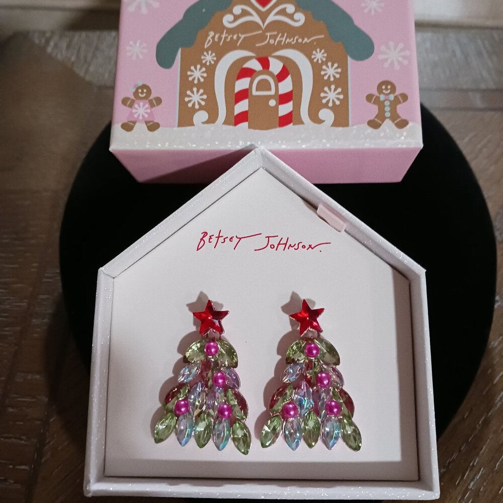 Betsy Johnson Earrings Iridescent Oval Shaped Stones Star Topper